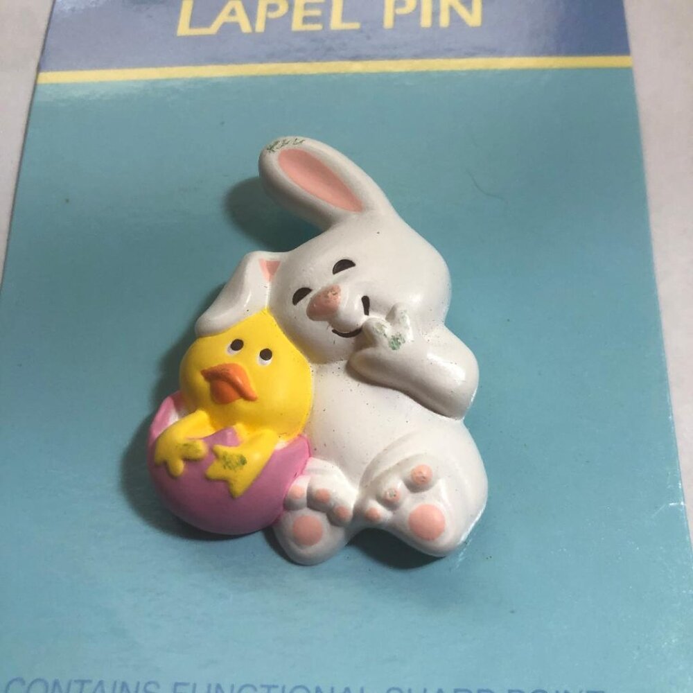 New Vintage Hallmark Easter Lapel Pin Brooch Bunny Rabbit With Chick in Egg